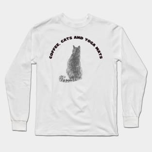 Coffee cats and yoga mats funny yoga and cat drawing Long Sleeve T-Shirt